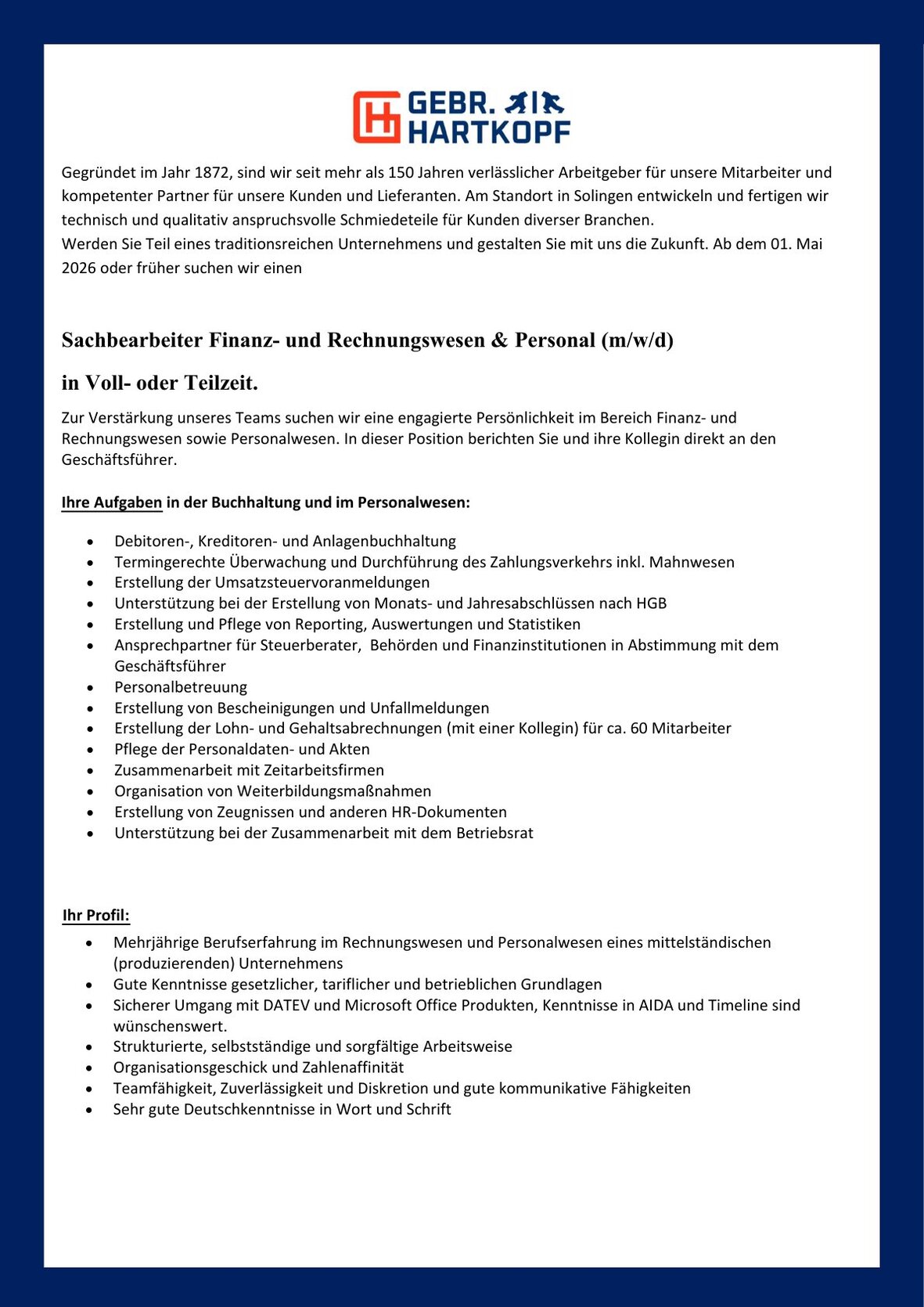 Stellenprofil Sachbearbeiter Finanz- und Rechnungswesen und Personal (m/w/d)
